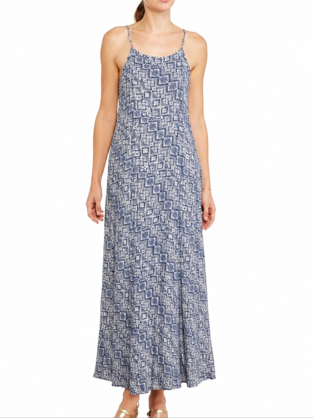 Faded Glory Blue White Geometric Print Maxi Dress Size L Rayon Adjustable